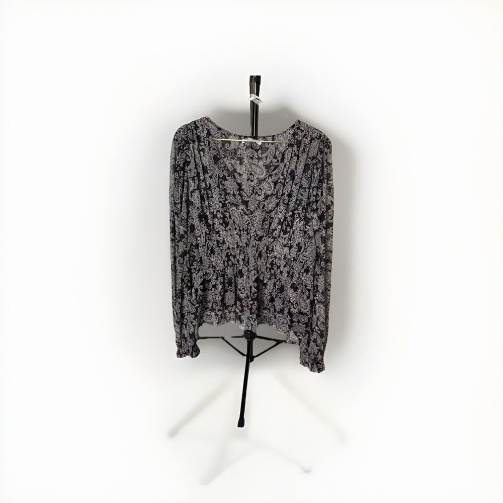 DR2 Long Sleeve Floral Peasant Blouse Black White Paisley Design Women’s Size XL